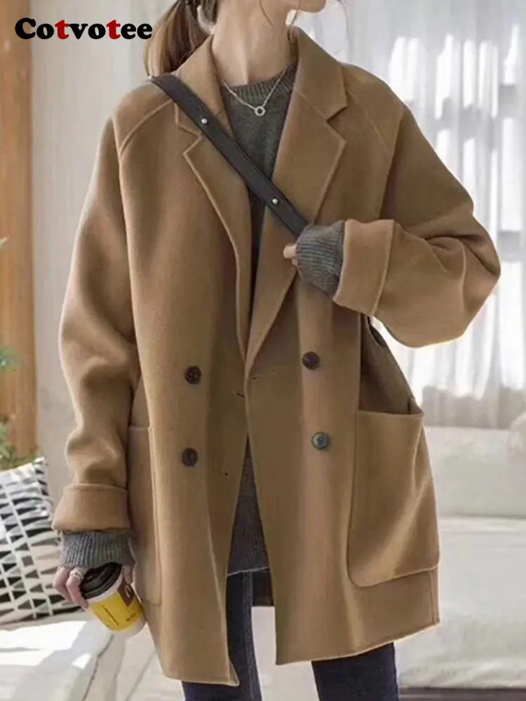 Women's Wool Blends Cotvotee Coat for Women Fashion Vintage Office Lady Loose Pockets Turn Down Collar Double Breasted Casual 231120