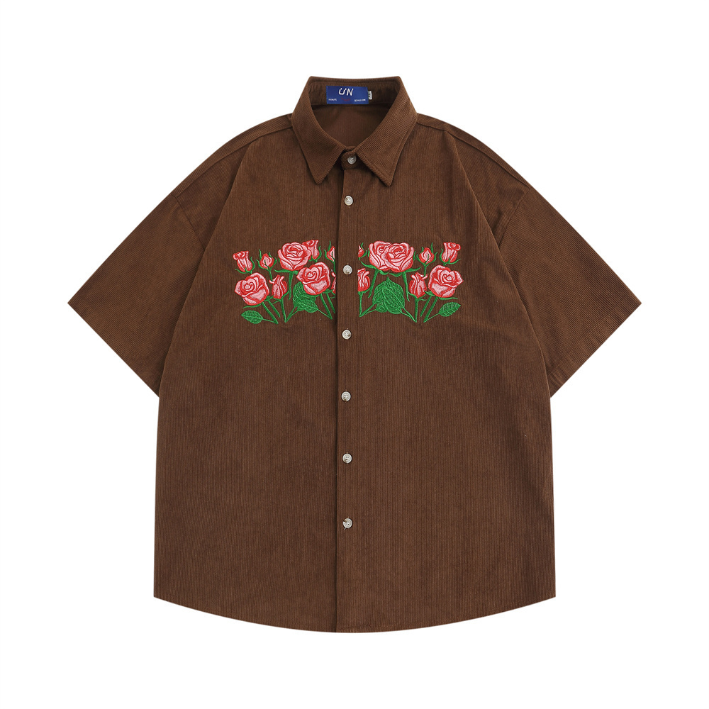 Men's Casual Shirts Dark Icon Floral Embroidery Corduroy Men Women Summer Shirt Male Top Brown Blue 230421