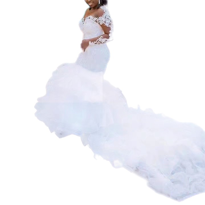 Mermaid Wedding Dresses Up Organza Chapel Train Lace Applique Bridal Cheap Plus Size Long Sleeve Muslim Vestido De Noiva Romantic Appliques Ruffles Go