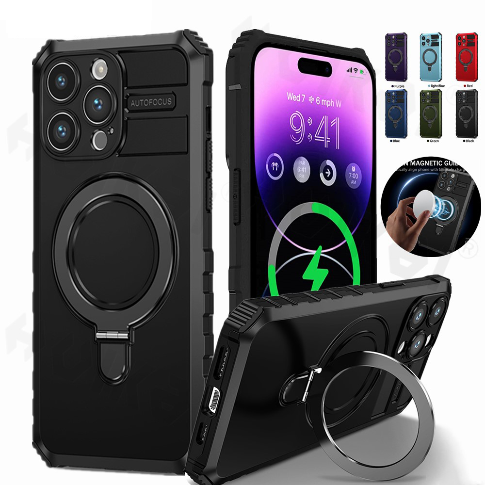 For Magsafe Magnetic Case For iPhone 16 15 Plus 14 13 12 11 Pro max Wireless Charging Shockproof Armor Phone Cover with Bracket Ring Holder Kickstand