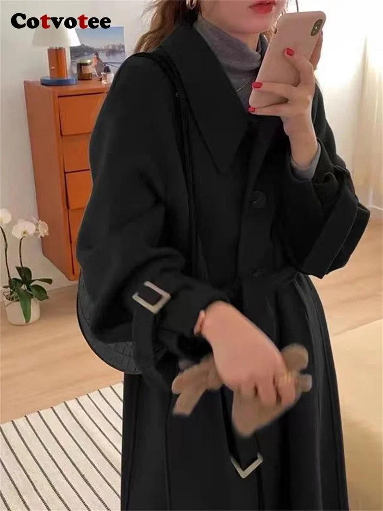 Women's Wool Blends Cotvotee Turn Down Collar Coat Women 2023 Autumn Winter Vintage Button Up Long Coats Sleeve Casual Loose Jacket 231120