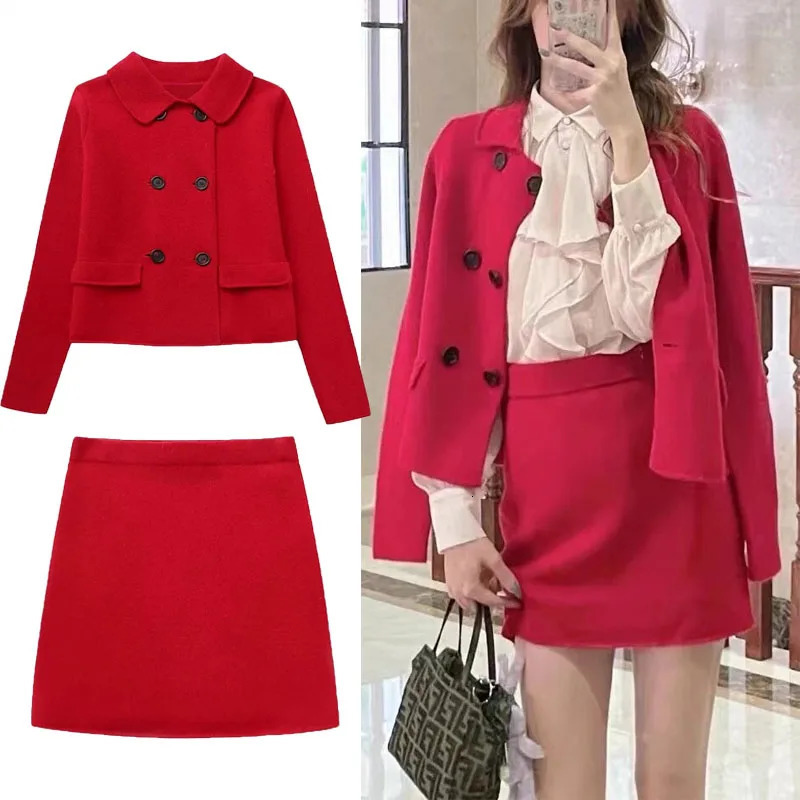 Women's Suits Blazers TRAF Women Wool Blazer Set Red Lapel Long Sleeves Blazer Fashion Double Breasted Short Jackets OuterwearsMini Skirt Autumn 