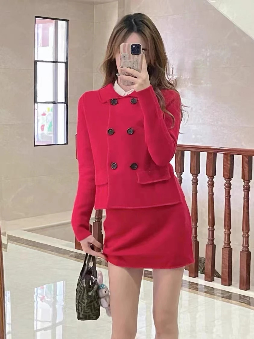 Women's Suits Blazers TRAF Women Wool Blazer Set Red Lapel Long Sleeves Blazer Fashion Double Breasted Short Jackets OuterwearsMini Skirt Autumn 