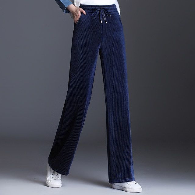 Women's Pants Capris Winter Corduroy Thicken Loose Wide Leg Pants Pockets High Waist Solid Elastic Lace-up Casual Oversize Women Straight Trouser
