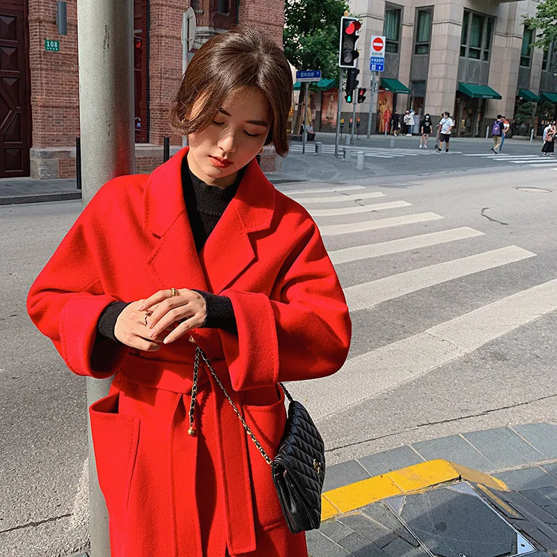 Women's Wool Blends Classic Model 100 Real Long Warp Overcoat Belt Turndown Collar Dense Fabric N Notch Lapel Coat Women Fall Winter 231120