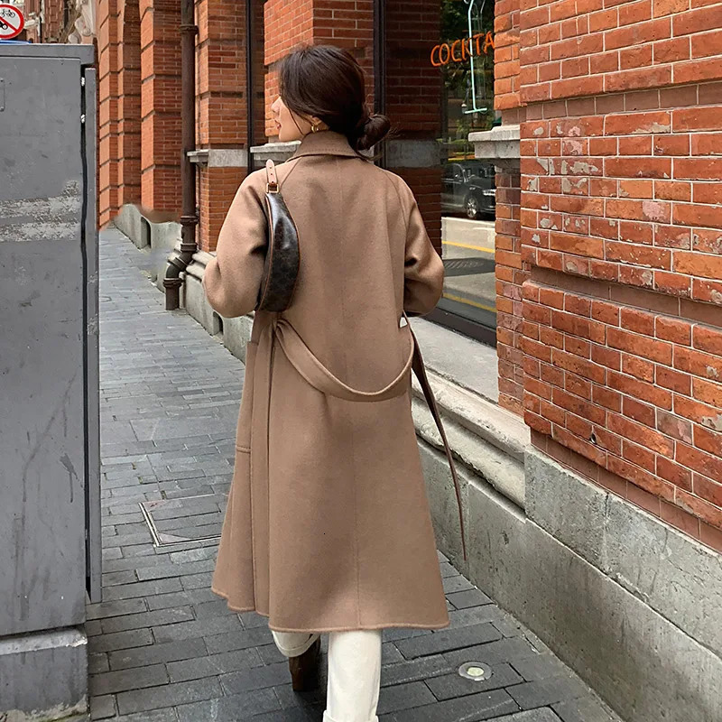 Women's Wool Blends Classic Model 100 Real Long Warp Overcoat Belt Turndown Collar Dense Fabric N Notch Lapel Coat Women Fall Winter 231120