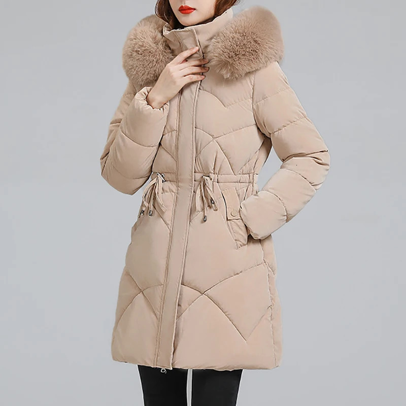 Women's Down Parkas Winter Mid Length Slim Women Casual Simple Solid Hooded Fur Collar Zippre Laceup Female Thicken Warm Coats 231120