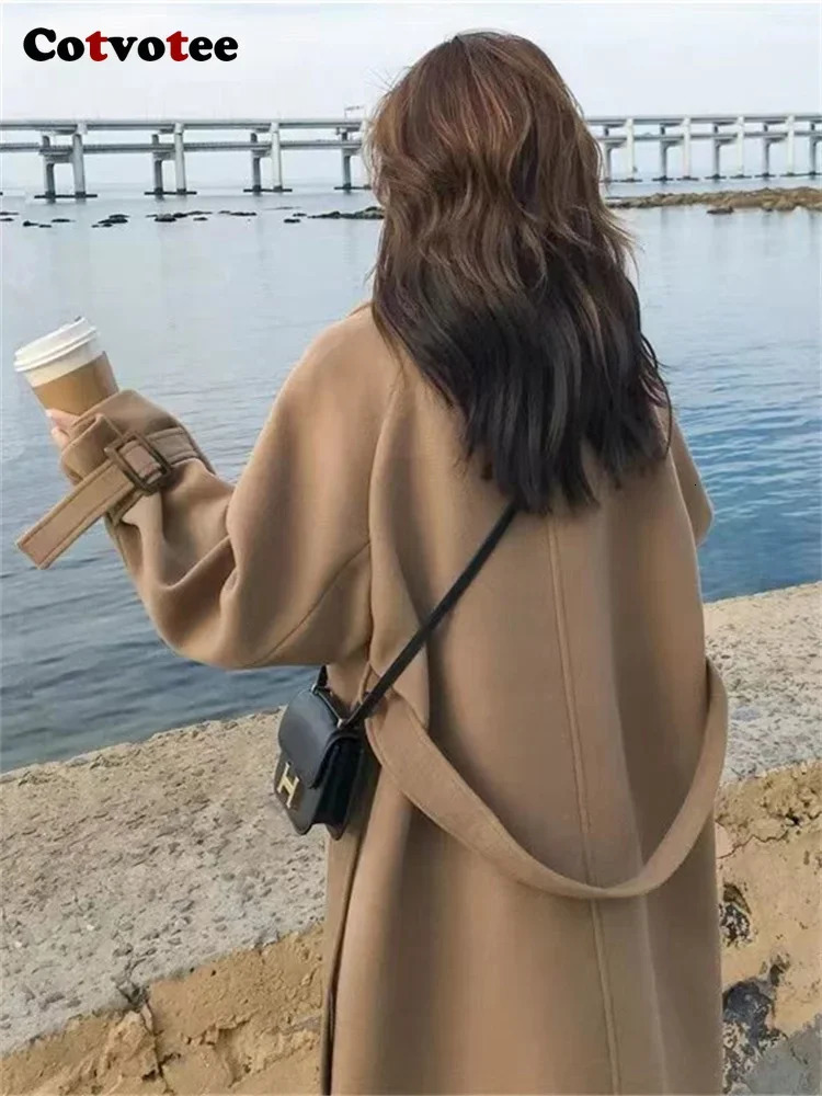 Women's Wool Blends Cotvotee Turn Down Collar Coat Women 2023 Autumn Winter Vintage Button Up Long Coats Sleeve Casual Loose Jacket 231120