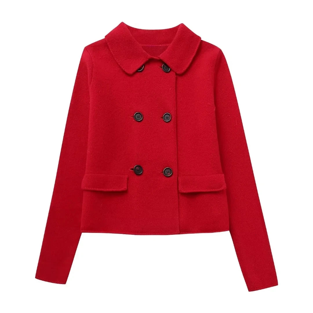 Women's Suits Blazers TRAF Women Wool Blazer Set Red Lapel Long Sleeves Blazer Fashion Double Breasted Short Jackets OuterwearsMini Skirt Autumn 
