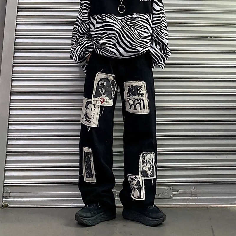 Men's Jeans Korean Fashion Unisex High Waist Hippie Pants Baggy Jeans Trousers Graffiti Comic Stickers Harajuku Straight Wide Leg Y2k Pants J2304