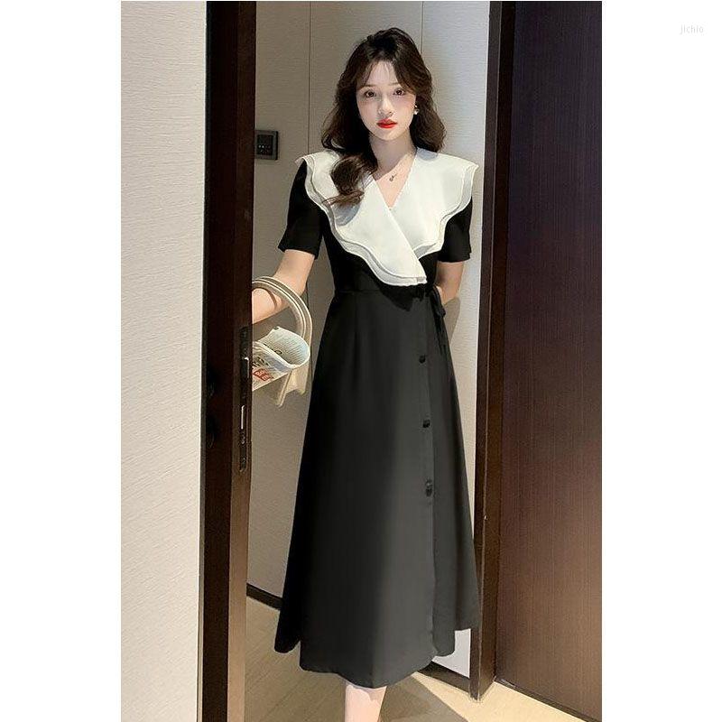 Casual Dresses Vintage V Neck Large Lapel Ruffle Slim High Waist Short Sleeve Dress Women Vestidos A Line One Piece Lace Up Summer