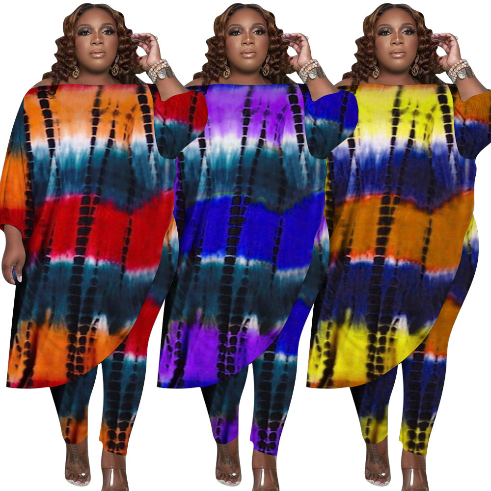 Women s Plus Size Tracksuits 5xl Fashion Outfit Tie Dye Printing Loose Oblique Shoulder Irregular Tops Two Piece Set Wholesale Drop 230508