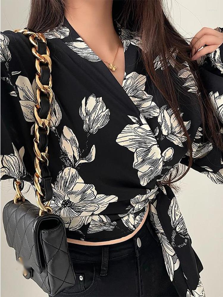 Women's Blouses Sweet Spice Girls Fashion Tie Up High Waist Slim Short Long Sleeve Printed Casual Shirt Top Blouse Korean Tops V8BT