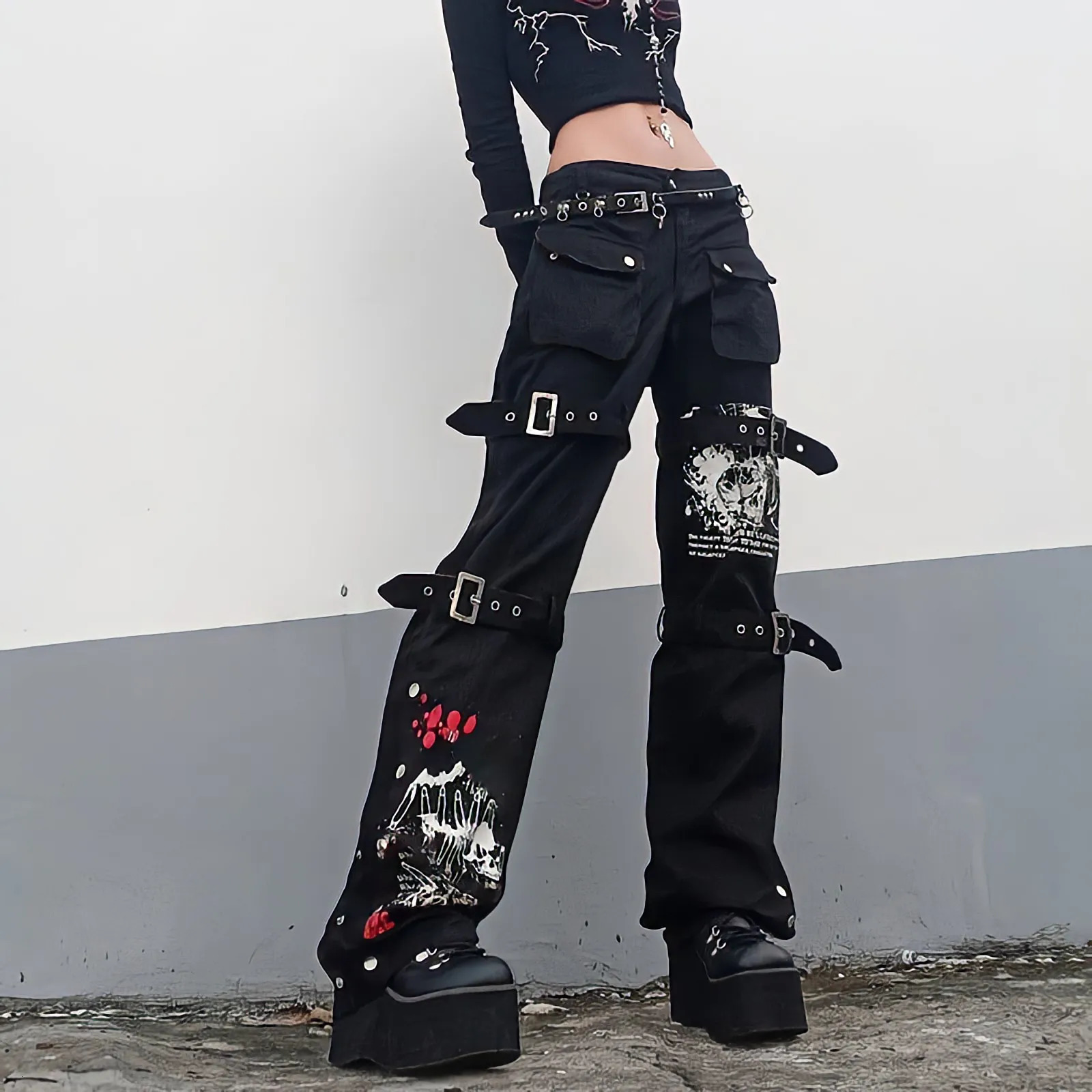 Women's Jeans American Punk Style Black Jeans Woman Summer Streetwear Graffiti Cargo Pants Metal Buckle Fashion Vintage Straight Flared Pants 231