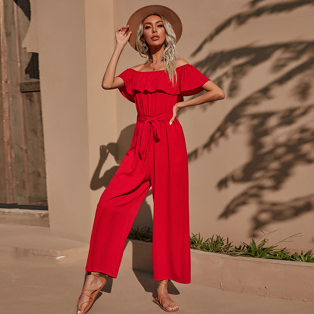 Women's Jumpsuits Rompers Spring and Summer Ladies Red Slash Neck Lotus Leaf Sleeve Strapless Belt Thin Pants 230422