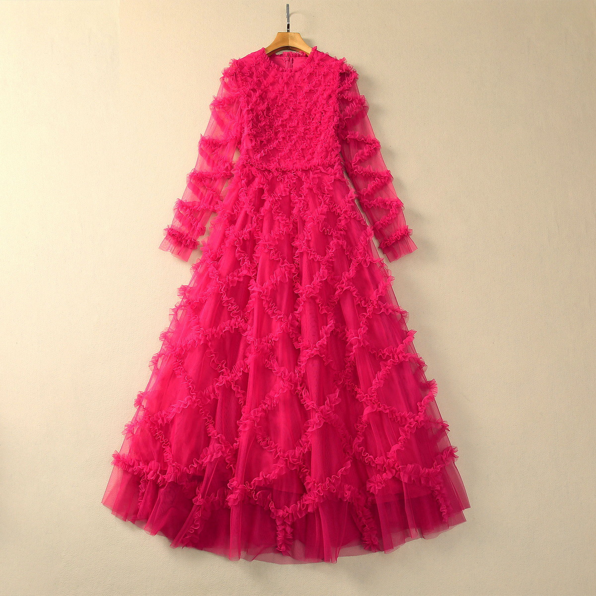 2024 Spring Hot Pink Solid Color Sheer Tulle Panelled Dress Long Sleeve Round Neck Long Maxi Casual Dresses S3N121023