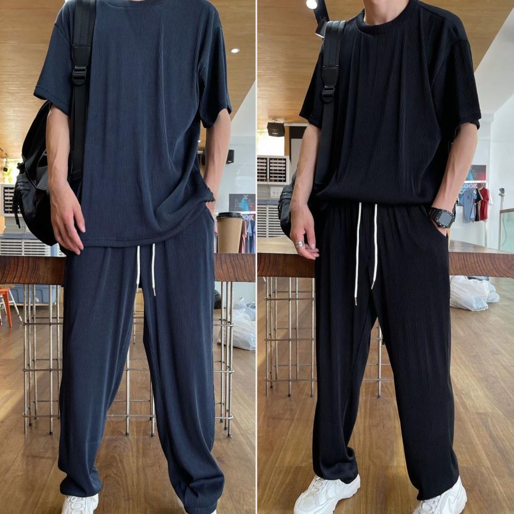 Men's Tracksuits Summer Tracksuit Sets Men Outfit Solid Ice Silk Draped Short Sleeve Tops Long Pant Loose Tracksuit Casual Suits ropa hombre 2304