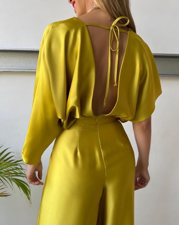 Women's Jumpsuits Rompers Jumpsuit for Women Fashion Plunge Satin Asymmetrical Sleeve Backless Loose Elegant Wide Leg Jumpsuit 230422