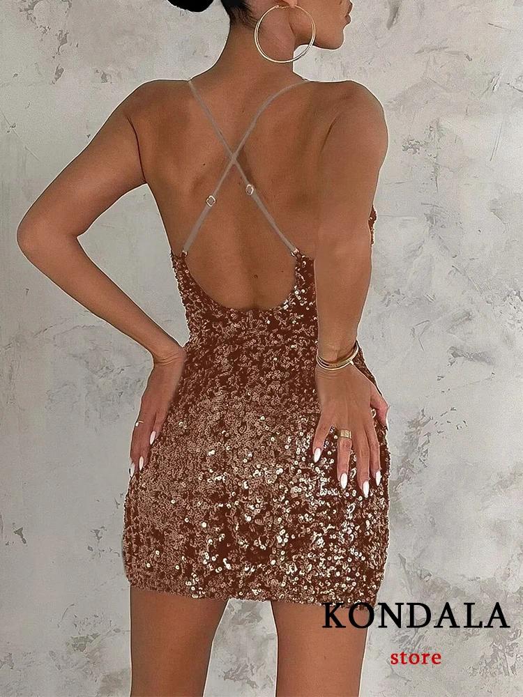 Casual Dresses KONDALA Sexy Shiny Sequins Sheath Party Mini Dress Women Fashion 2024 Backless V Neck Elegant Night Club Cami