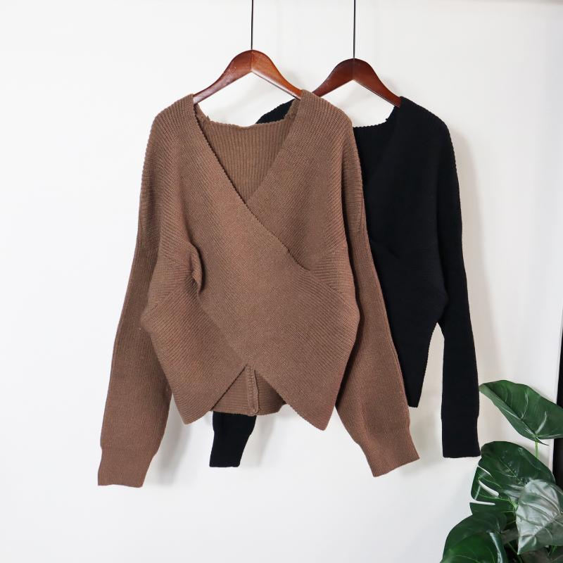 Womens Sweaters Spring Autumn Long-sleeved Knitted Pullover Fashion V-neck Wrap Top Temperament Lace-up Sweater Women Elegant Bottoming Shi