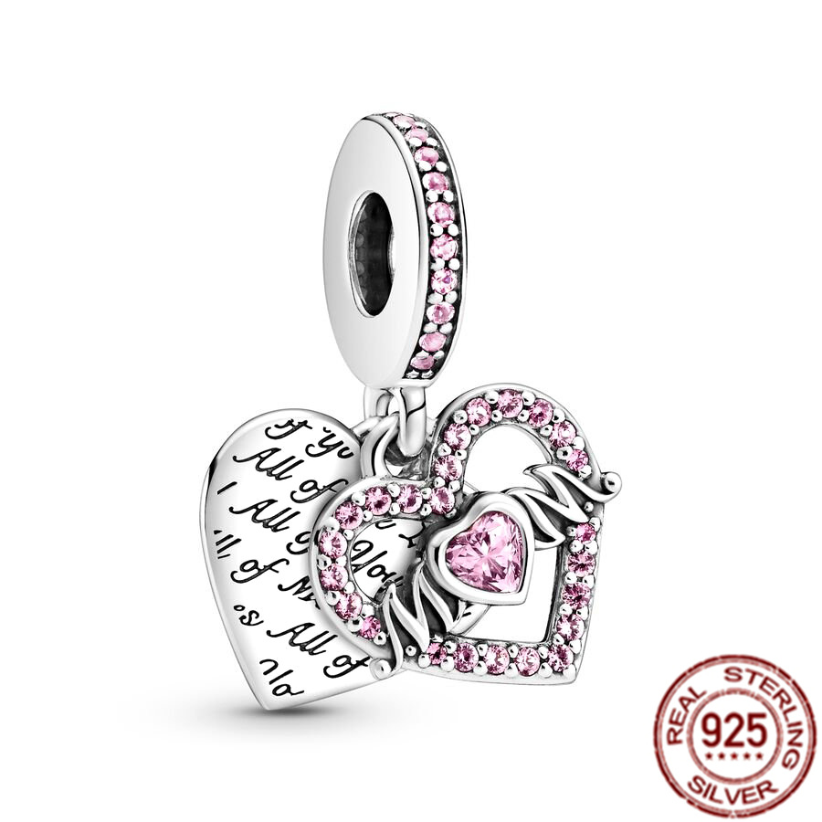 925 Sterling Silver Love You Mom Double Heart Split Dangle Charm Beads Fit Original Bracelet DIY Women Jewelry Gift