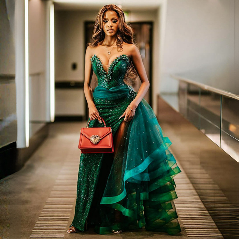 Free Shipping Emerald Prom Dresses Sweetheart Necke Lace Beaded Crystals with Wrap Slit Long Train Elegant Evening Dress Gorgeous Party Gowns