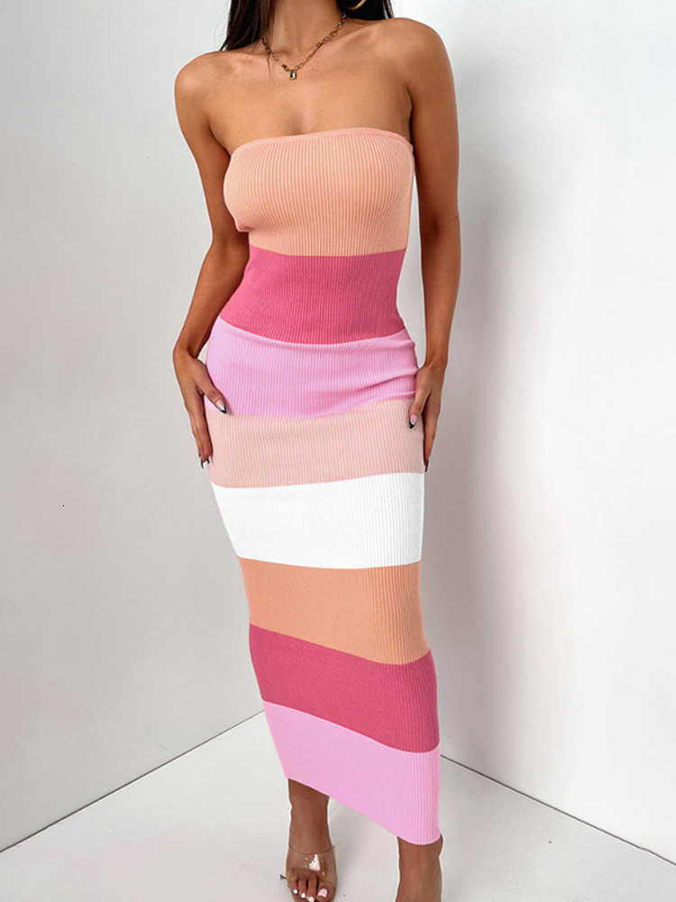 Casual Dresses Mozision Contrast Colors Strapless Knit Midi Dress For Women Robe Patchwork Off-shoulder Backless Bodycon Sexy Long Dress 230421