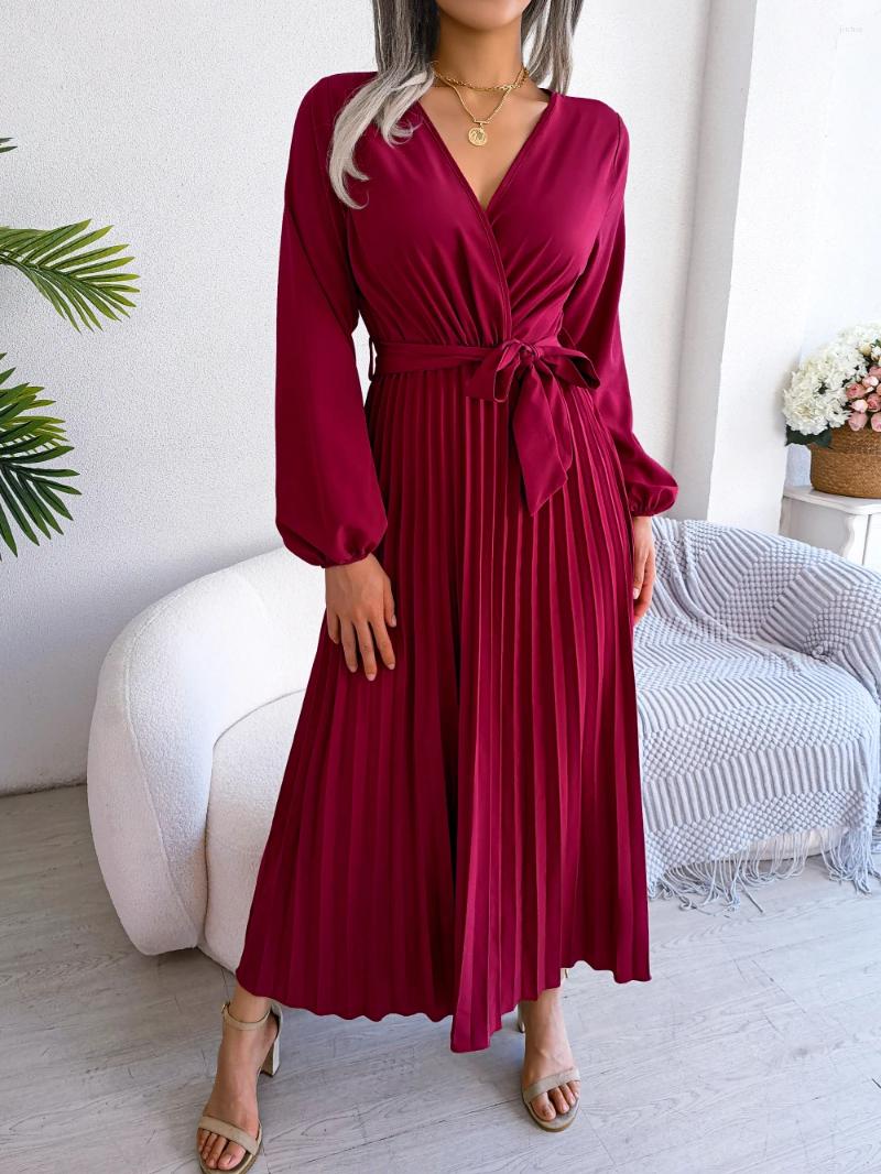 Casual Dresses Autumn And Winter Womens Fashion Style Cross V-neck Large Fold Solid Color Long Dress