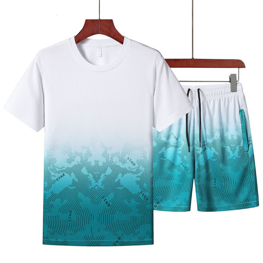 Men's Tracksuits Gradient Short Sleeve Shorts Set Mans Fashion Clothing Summer Quick Dry Casual Outfits Streetwear Sports Tracksuit 230422