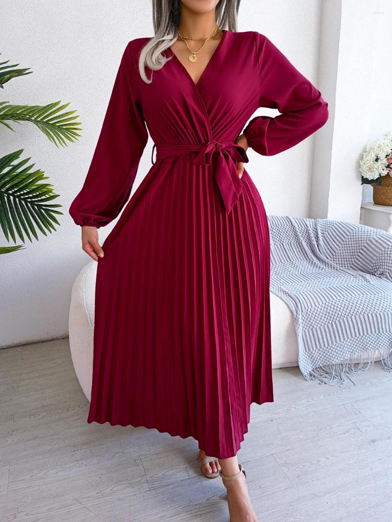 Casual Dresses Autumn And Winter Womens Fashion Style Cross V-neck Large Fold Solid Color Long Dress