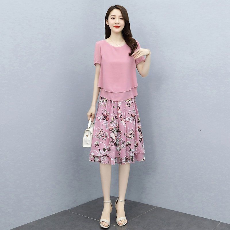 Two Piece Dress Two Piece Sets Women Summer Chiffon Print Shirt and Midi Skirts 2pcs Set Female Korean Casual Office Skirt Suit 5XL E68 230422