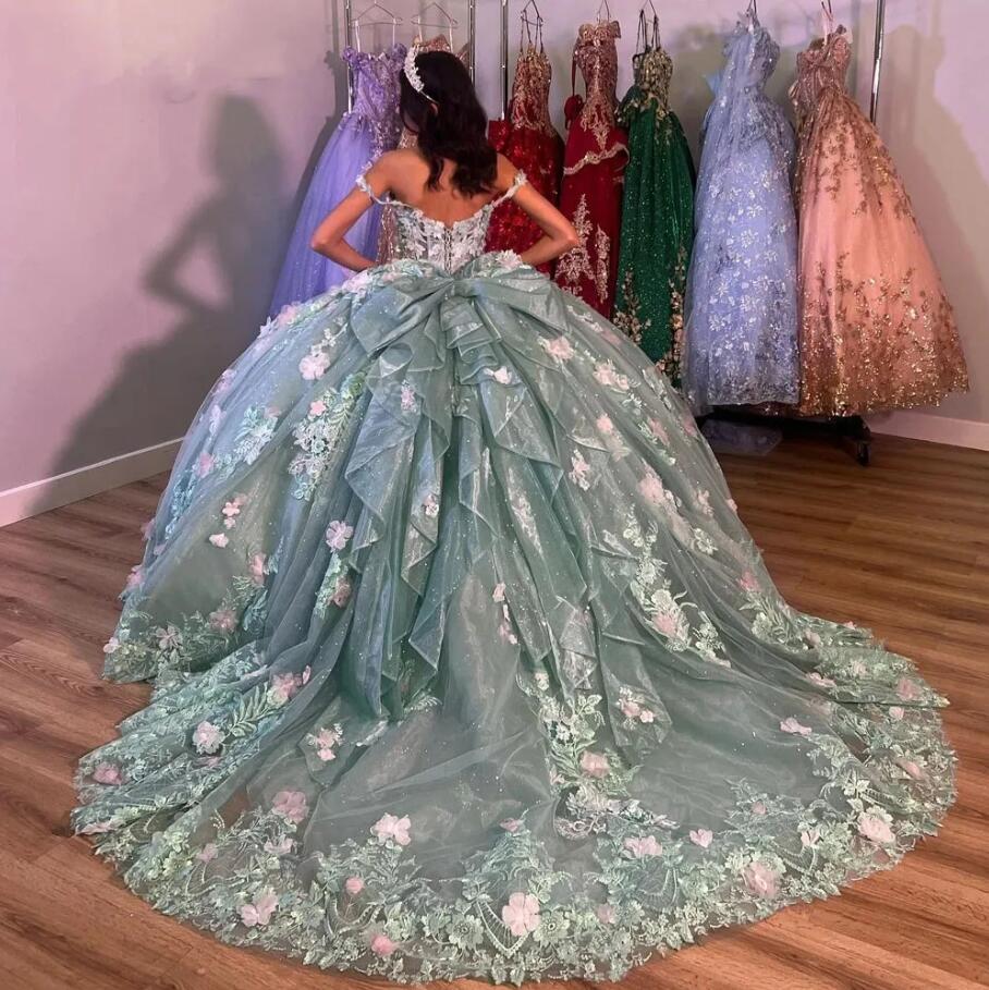 Princess Sage Embroidered Lace Quinceanera Dresses 2024 Off Shoulder Mexican Lace Up Graduation Gowns For sweet 15 16
