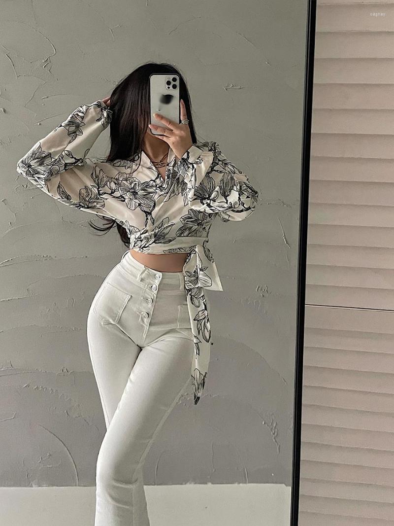 Women's Blouses Sweet Spice Girls Fashion Tie Up High Waist Slim Short Long Sleeve Printed Casual Shirt Top Blouse Korean Tops V8BT