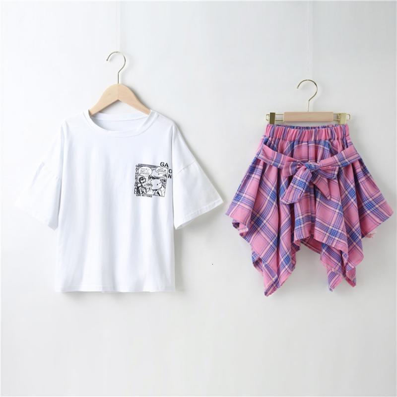 Clothing Sets Junior Girl Clothing Summer Short Sleeve T-Shirt Top Plaid Skirt 2Pcs Set Kids Loungewear Teenage Girls Cartoon Print Outfits 230422