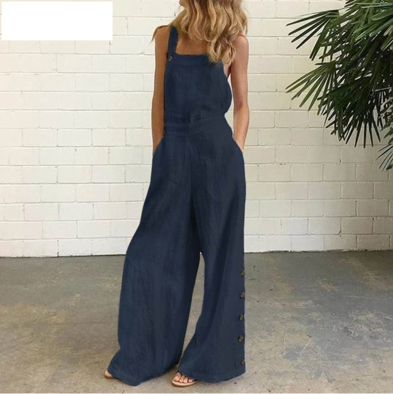 Women's Jumpsuits Rompers Women Jumpsuit Wide Leg Pants Pockets Loose Pure Color Side Buttons Summer Sleeveless Linen Long Trousers 230422