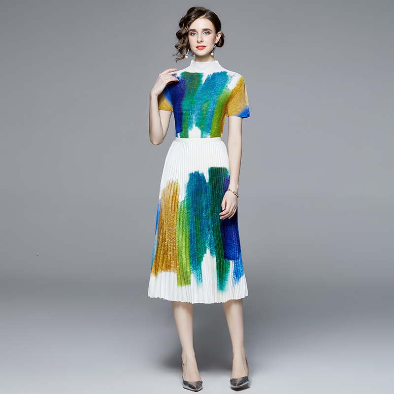 Two Piece Dress Runway Fashion Summer 2 Pieces Set Women Stand Collar Contrast Color Tops High Waist Gradient Printed Skirt Holiday Set 230422