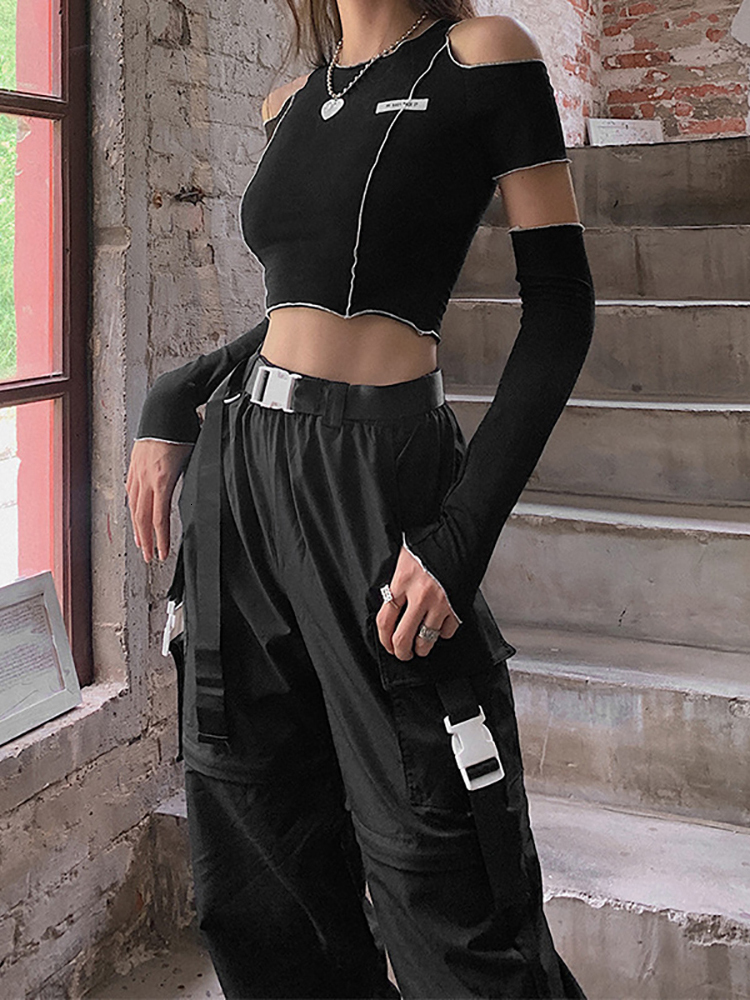 Women's T-Shirt Goth Dark E-girl Style Patchwork Black T-shirts Gothic Open Shoulder Sleeve Y2k Crop Tops Ruffles Hem Hip Hop Techwear Women Tee 