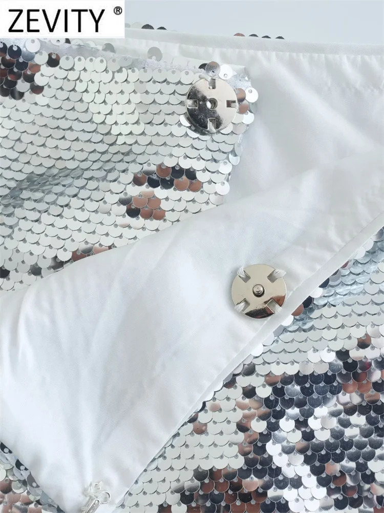 Skirts Zevity Women Fashion High Waist Sequined Split Slim Mini Skirt Faldas Mujer Female Chic Casual Button Up Party Vestidos QUN3238 231121