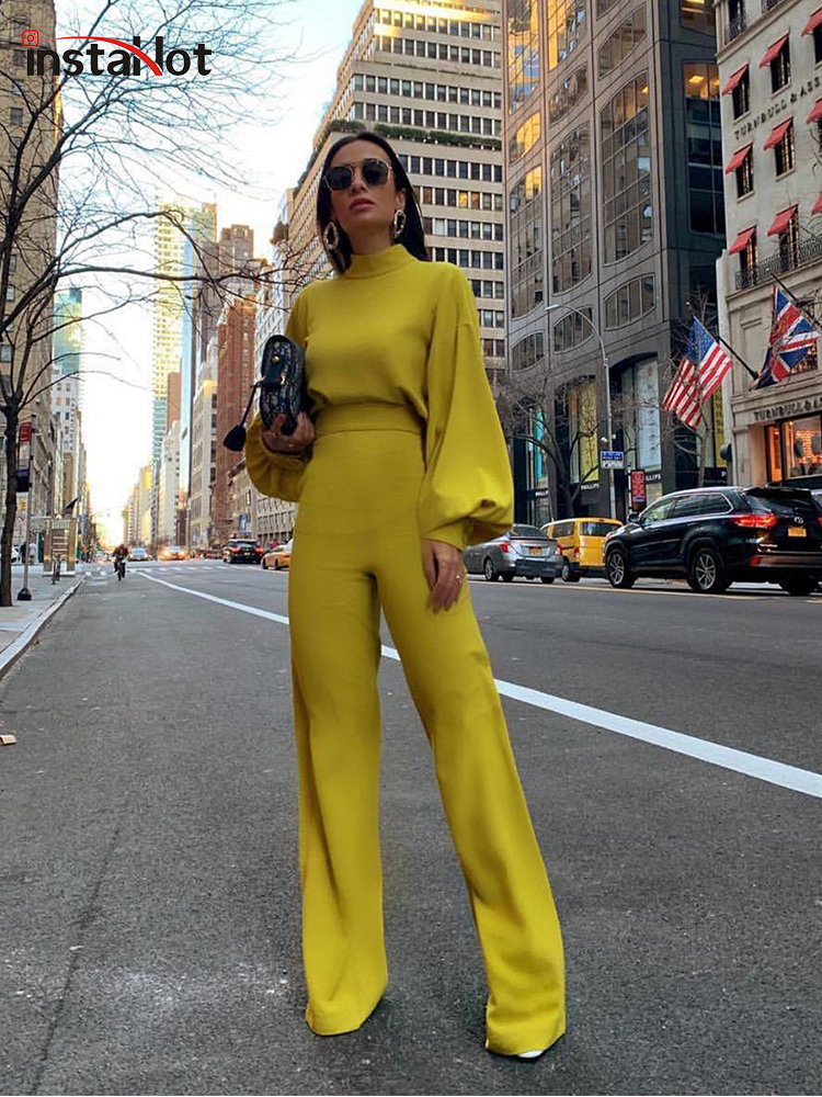Women's Jumpsuits Rompers Insta Puff Elegant Overalls For Women Puff Long Sleeve Flare Pants Spring Office Ladies Sets Casual Fashion Female Jump