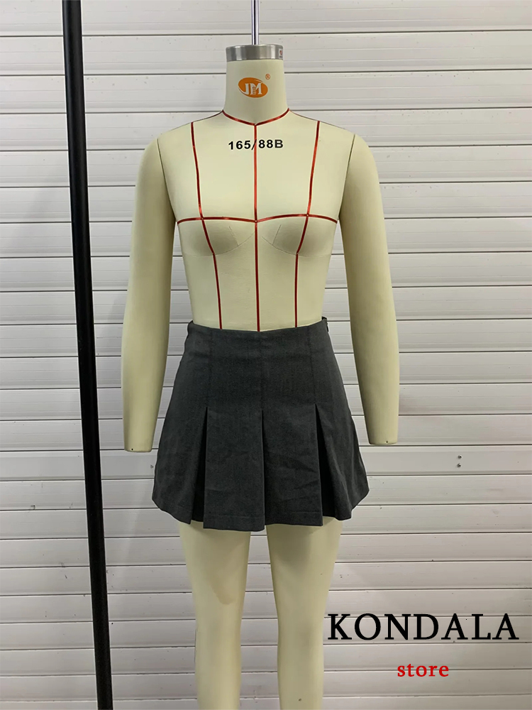 Skirts KONDALA Vintage Dark Grey Mini Skirts Women Ruffles Pleated Sexy Shorts Skirts Female Fashion Streetwear Mujer Faldas 230422
