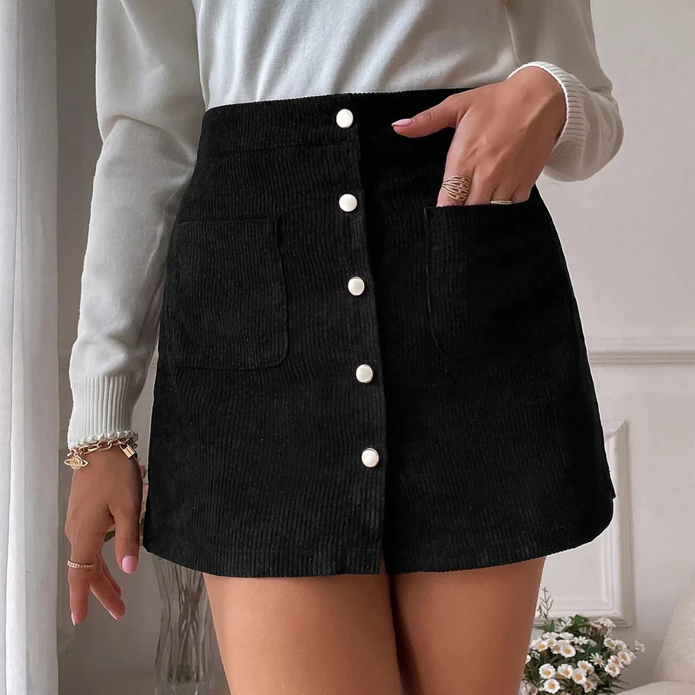 Skirts Chic Corduroy Skirts For Women Solid High Waist Single Breasted Party Club Mini Skirt With Pockets Faldas Para Mujeres 231121