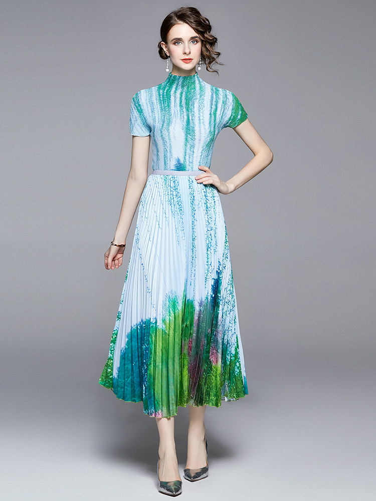 Two Piece Dress Runway Fashion Summer 2 Pieces Set Women Stand Collar Contrast Color Tops High Waist Gradient Printed Skirt Holiday Set 230422