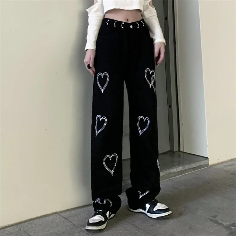 Women's Jeans Streetwear Fashion Women Black Wide Leg Jeans Spring Autumn Korean Casual Pants Hip Hop Harajuku Caring Loose Straight Trousers 231