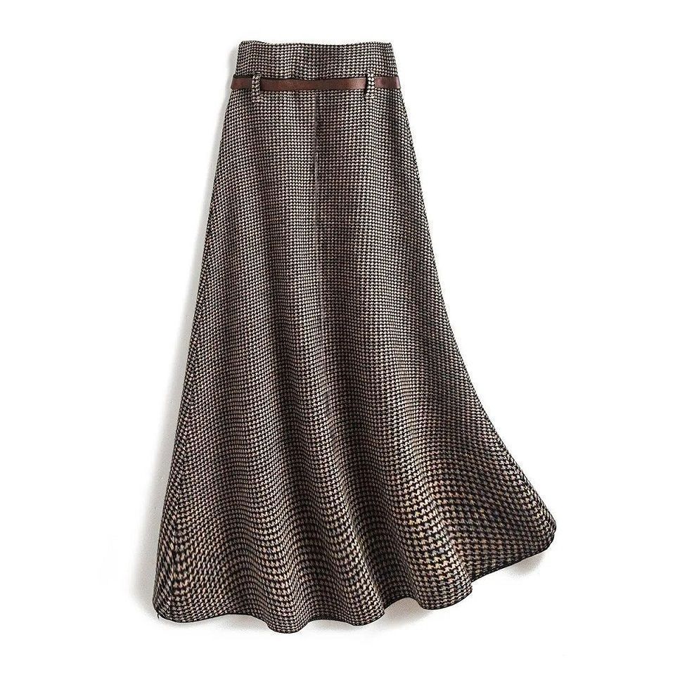 Skirts Woolen Winter Pleated Plaid Skirts Women Warm Vintage Long Skirts Ladies Office Harajuku Midi Skirts Streetwear T280 230422
