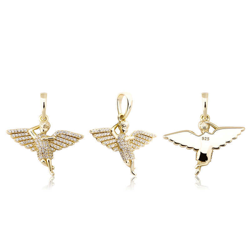 Solid S925 Sterling Silver Angel Wings Pendant Necklace for women Full cubic Zirconia gold plated Hip Hop Female jewelry Accessories Collier birthday 