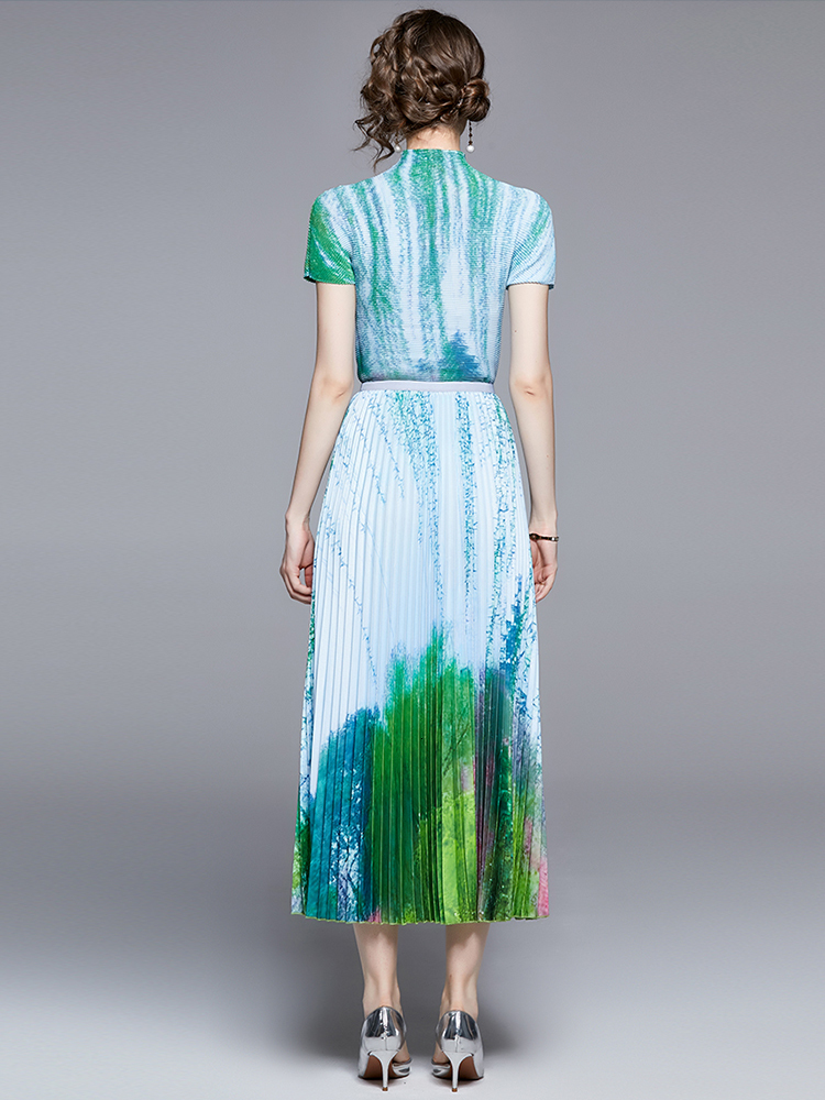 Two Piece Dress Runway Fashion Summer 2 Pieces Set Women Stand Collar Contrast Color Tops High Waist Gradient Printed Skirt Holiday Set 230422