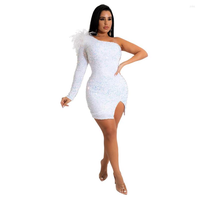 Casual Dresses Sexy Women Dress One Shoulder Sequin Bodycon Sheer Mesh Diamond Mini Party Night Clubwear For Vestidos