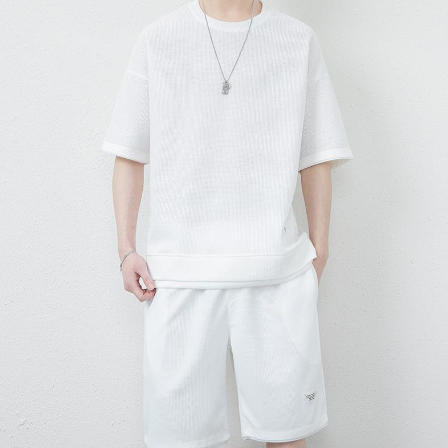 Men's Tracksuits Waffle 2 Piece Men T-Shirt Shorts Sets Summer Tracksuit Fashion Clothing Harajuku Style Casual Korean Loose Sweatsuit 5 Colors 2