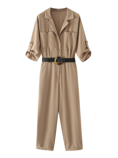 Women's Jumpsuits Rompers TRAF Women Fashion With Belt Side Pockets Jumpsuits Vintage Short Sleeve Front Buttons Female Playsuits Mujer 230422