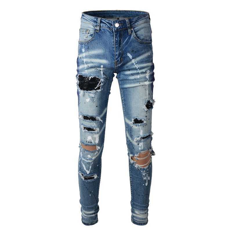 Designer Clothing Fashion Denim Pants Amiiri New High Street Trend Brand with Broken Holes Old Fit Blue Hot Diamond Patch Speckled Ink Paint Elastic Light Jeans Male, As shown in figure
Designer Clothing Fashion Denim Pants Amiiri New High Street Trend Brand with Broken Holes Old Fit Blue Hot Diamond Patch Speckled Ink Paint Elastic Light Jeans Male, As shown in figure